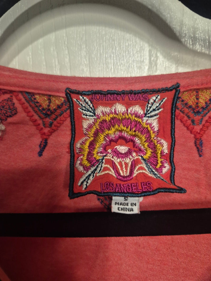 Johnny Was Coral Short Sleeve Embroidered V-Neck Tee
