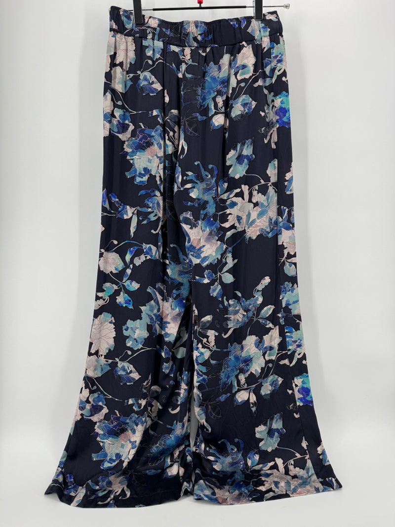 Johnny Was Blue Silk Floral Pants