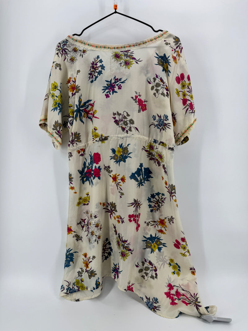 Johnny Was Cream Floral Silk Dress Size Small