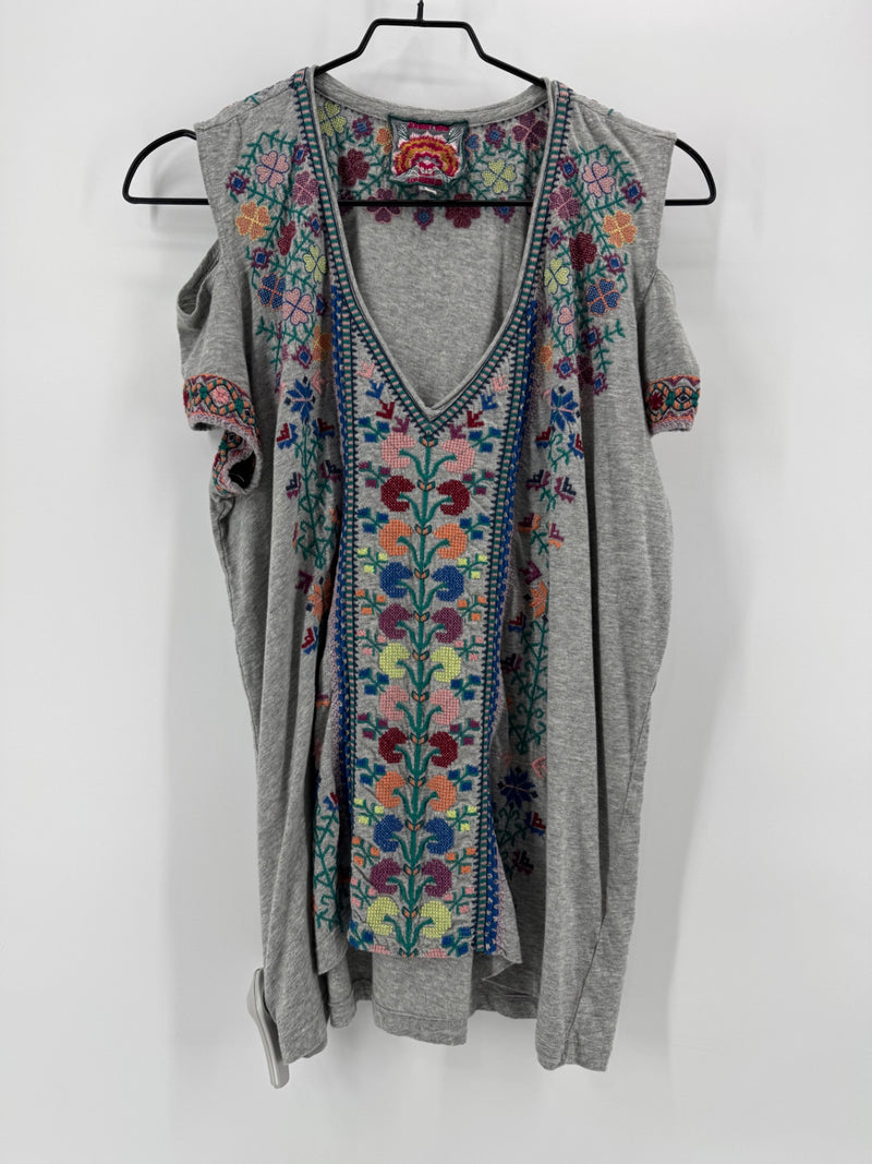 Johnny Was Gray Cotton Embroidered Top