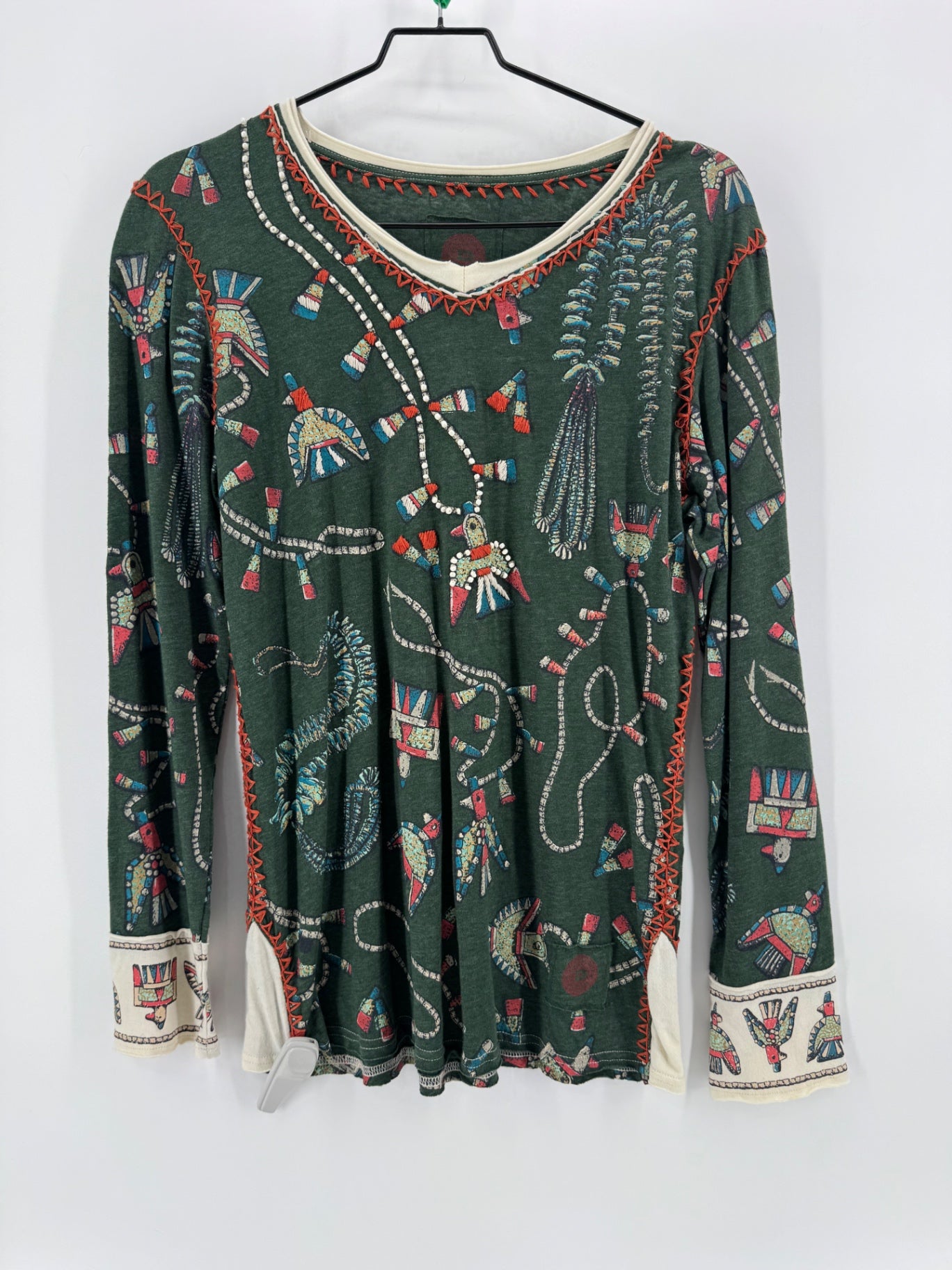 Double D Ranch Green Beaded Thunderbird LS Top Size L