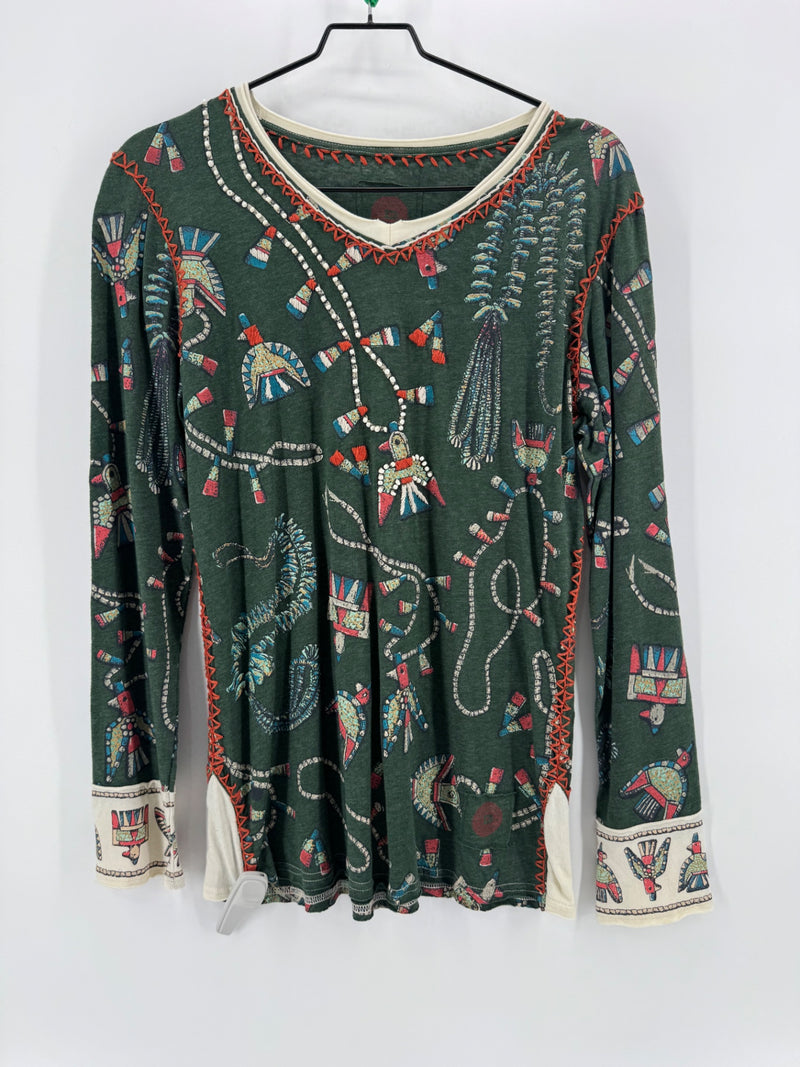 Double D Ranch Green Beaded Thunderbird LS Top Size L