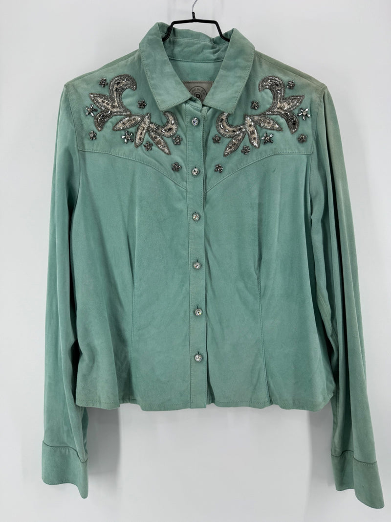Double D Ranch Teal Rhinestone Button Up Size Medium