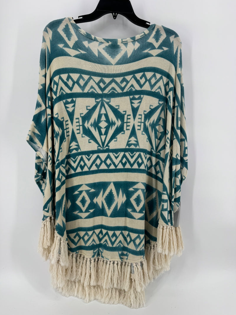 Tasha Polizzi Turquoise/Cream Fringe Shawl Size L/XL