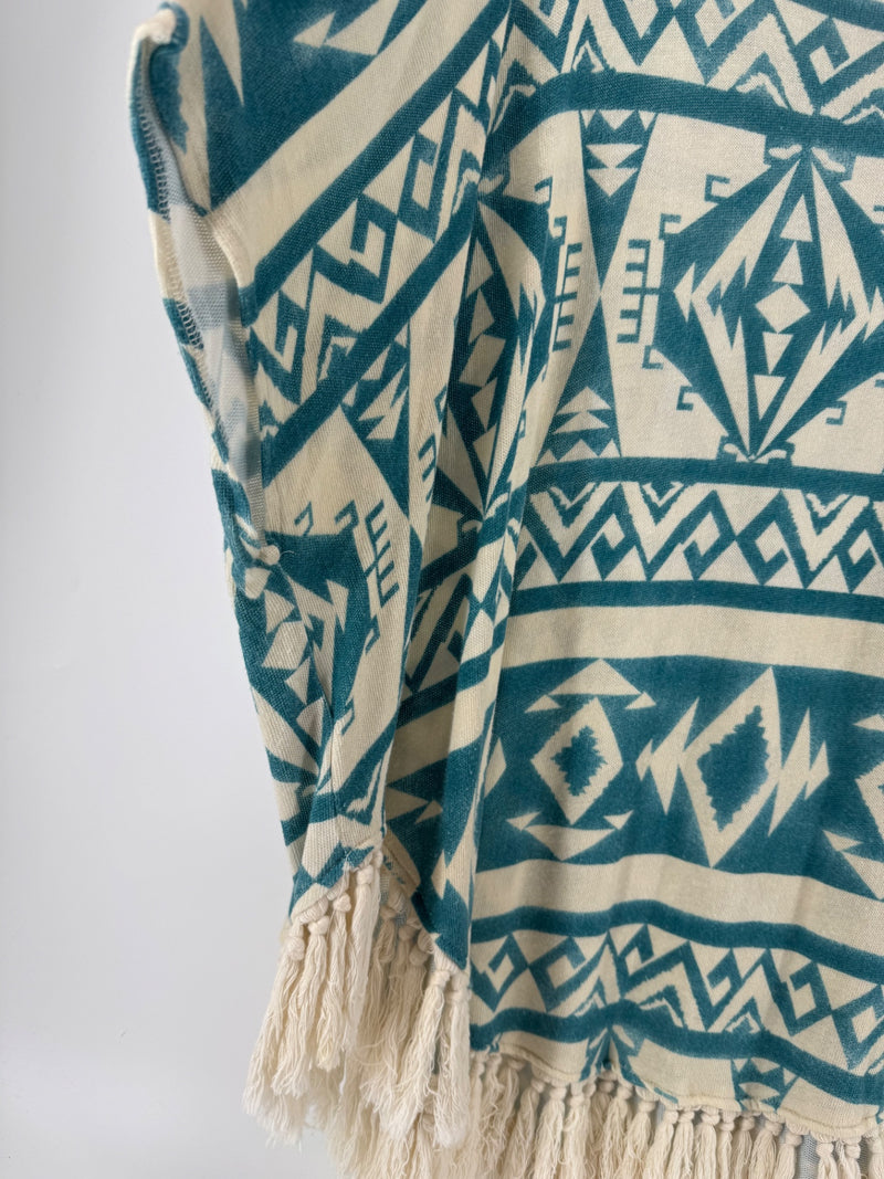 Tasha Polizzi Turquoise/Cream Fringe Shawl Size L/XL