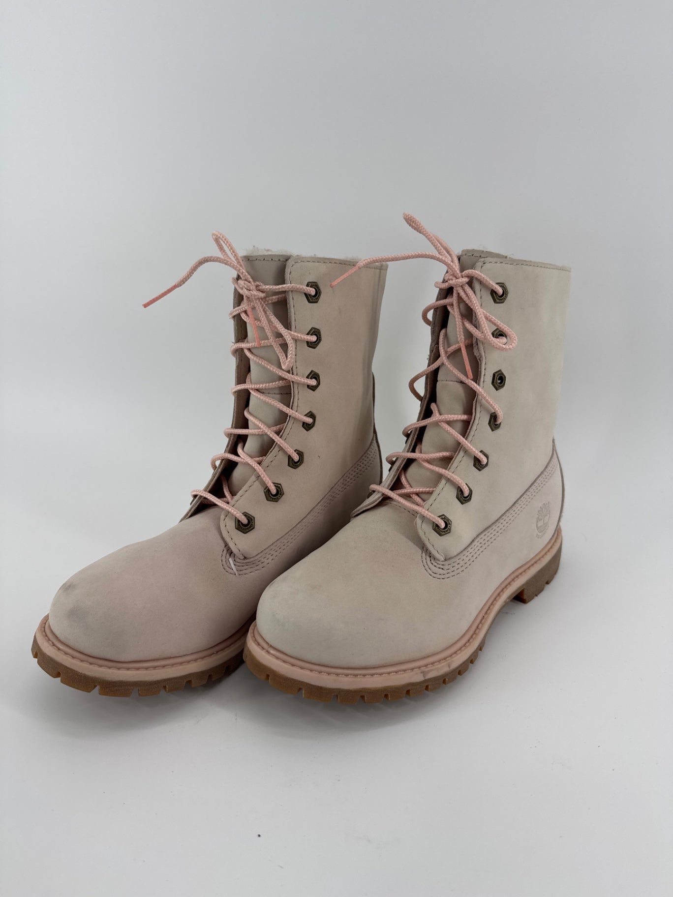 Timberland Cream Leather Pink Laces Sherpa Lining Boots