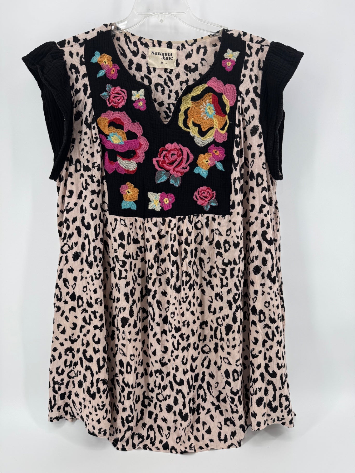 Savanna Jane Black Leopard/Embroidery Top