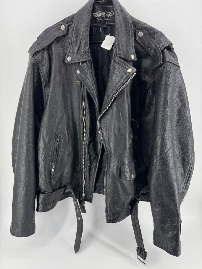 Vintage UNIK Black Leather Motorcycle Jacket Size 60