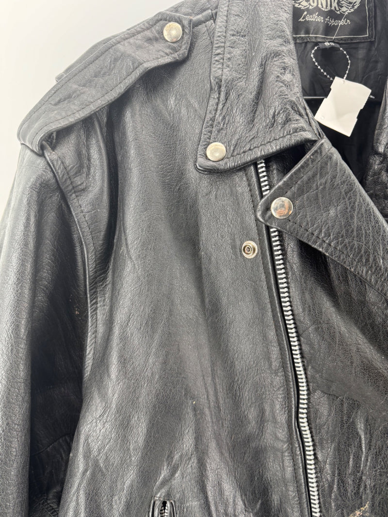 Vintage UNIK Black Leather Motorcycle Jacket Size 60