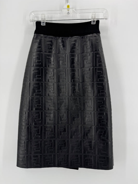 Fendi Black Embossed FF (Zucca) Leather Skirt Tea Length Pencil - Black