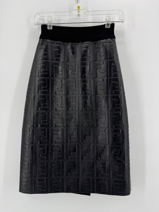 Fendi Black Embossed FF (Zucca) Leather Skirt Tea Length Pencil - Black