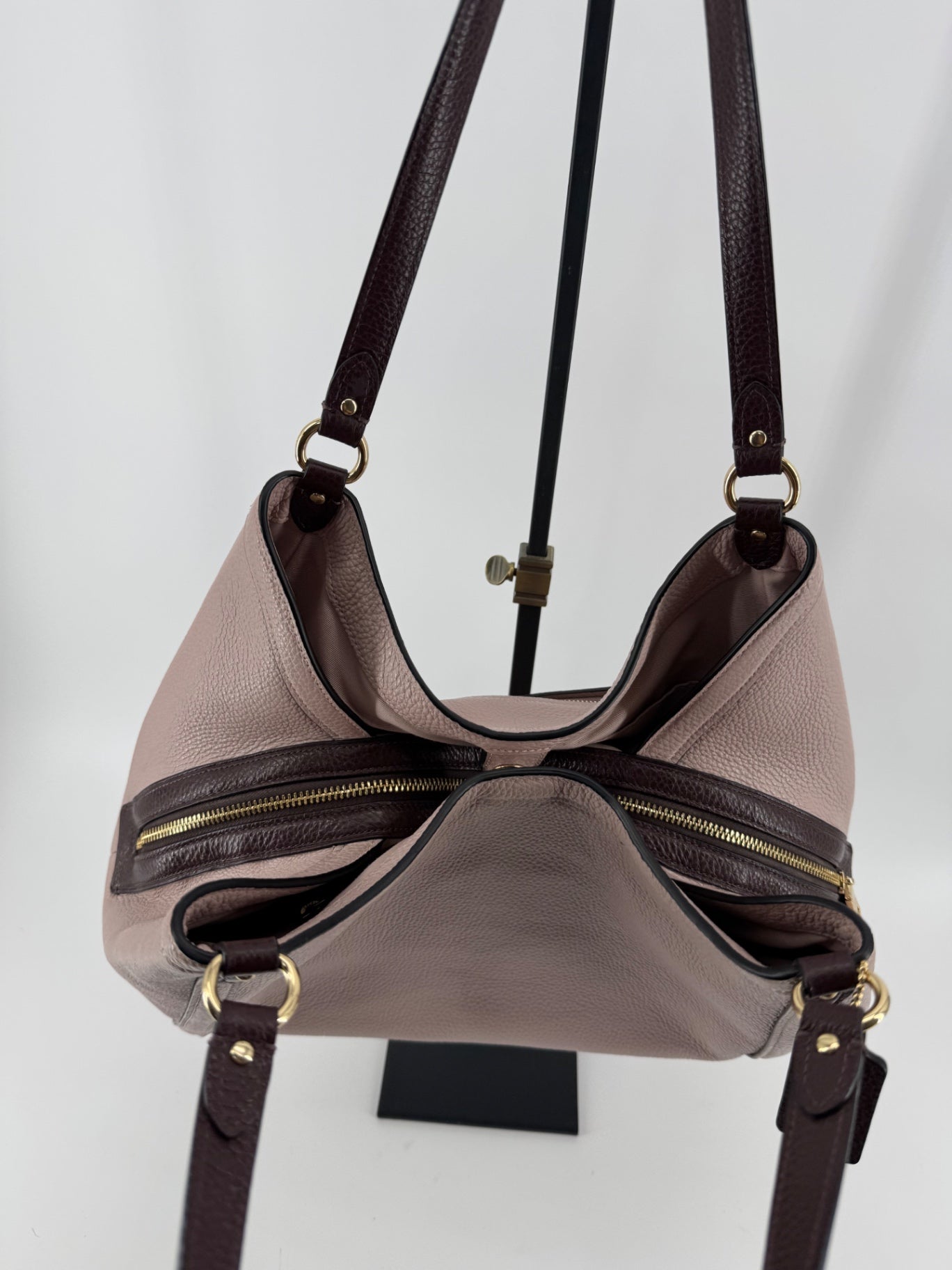 Coach Mauve/Taupe Pebbled Leather Shoulder Bag + Matching Wristlet Set