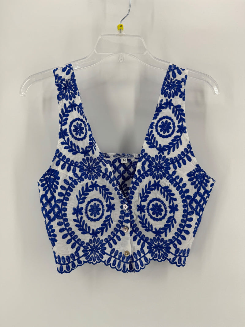 Shein White/Blue Embroidered Crop Top
