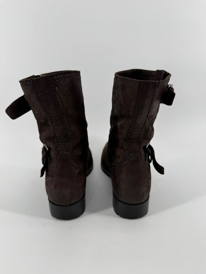 Prada Brown Double Buckle Ankle Boots