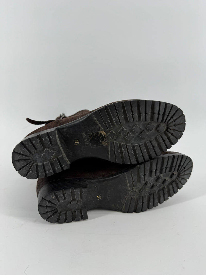 Prada Brown Double Buckle Ankle Boots