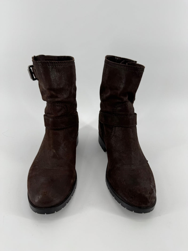 Prada Brown Double Buckle Ankle Boots