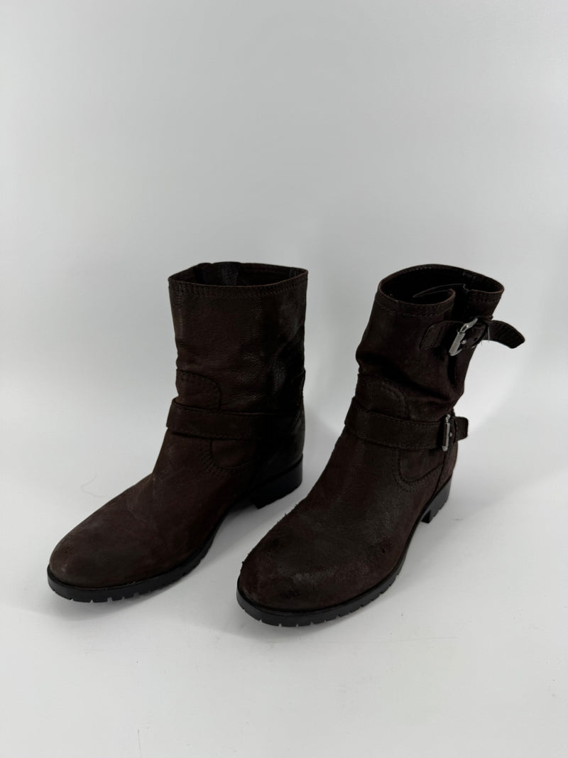 Prada Brown Double Buckle Ankle Boots