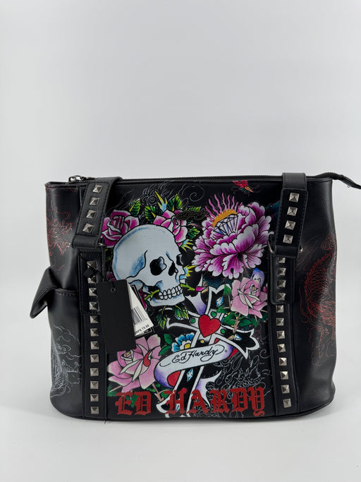 Ed Hardy Studded Skull Floral Tote