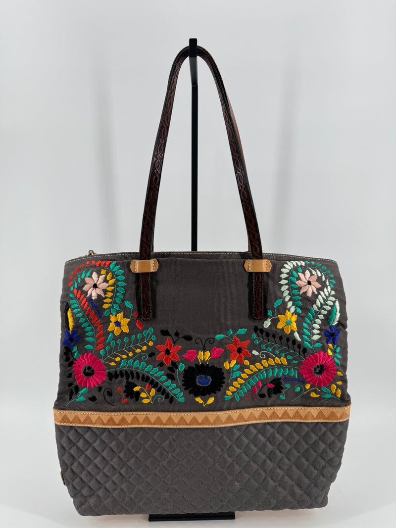 Consuela Gray Canvas Embroidered Tote Bag