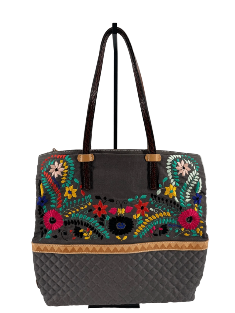 Consuela Gray Canvas Embroidered Tote Bag