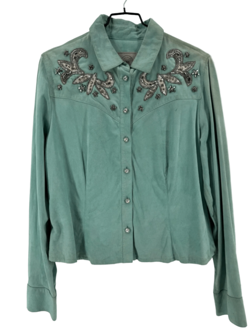 Double D Ranch Teal Rhinestone Button Up Size Medium