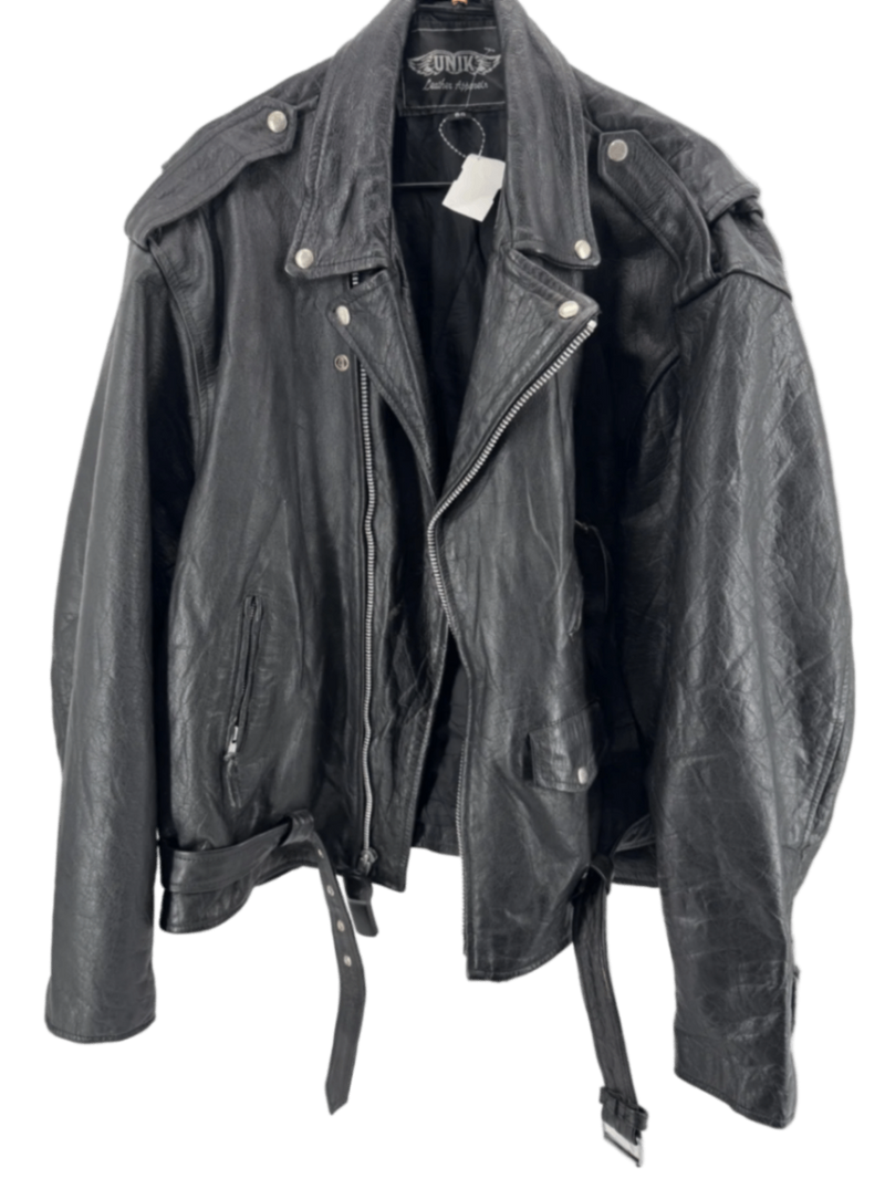 Vintage UNIK Black Leather Motorcycle Jacket Size 60