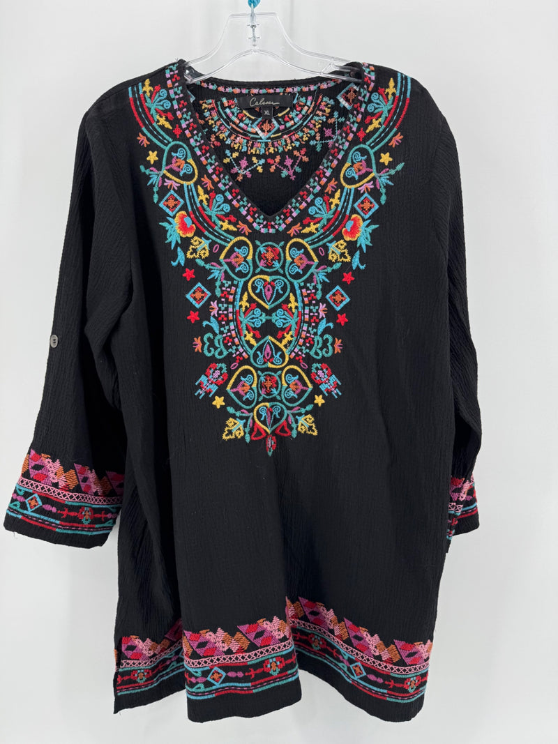 Caleooa Black Embroidered V Neck Top