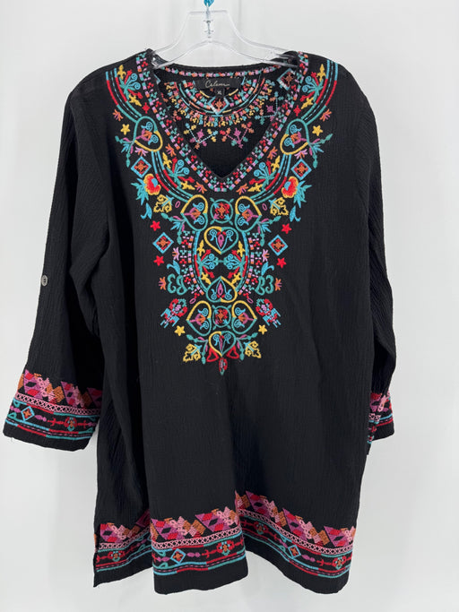 Caleooa Black Embroidered V Neck Top