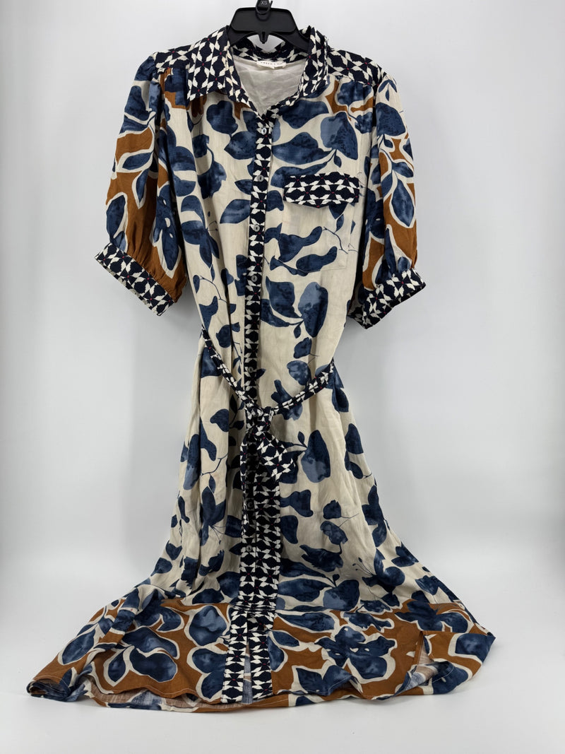 Entro Multicolor Blue Floral Button Up Dress Size LG