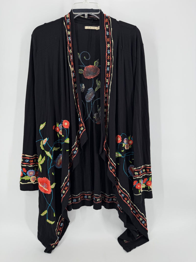 Caite Black Floral Embroidered Cardigan Size M