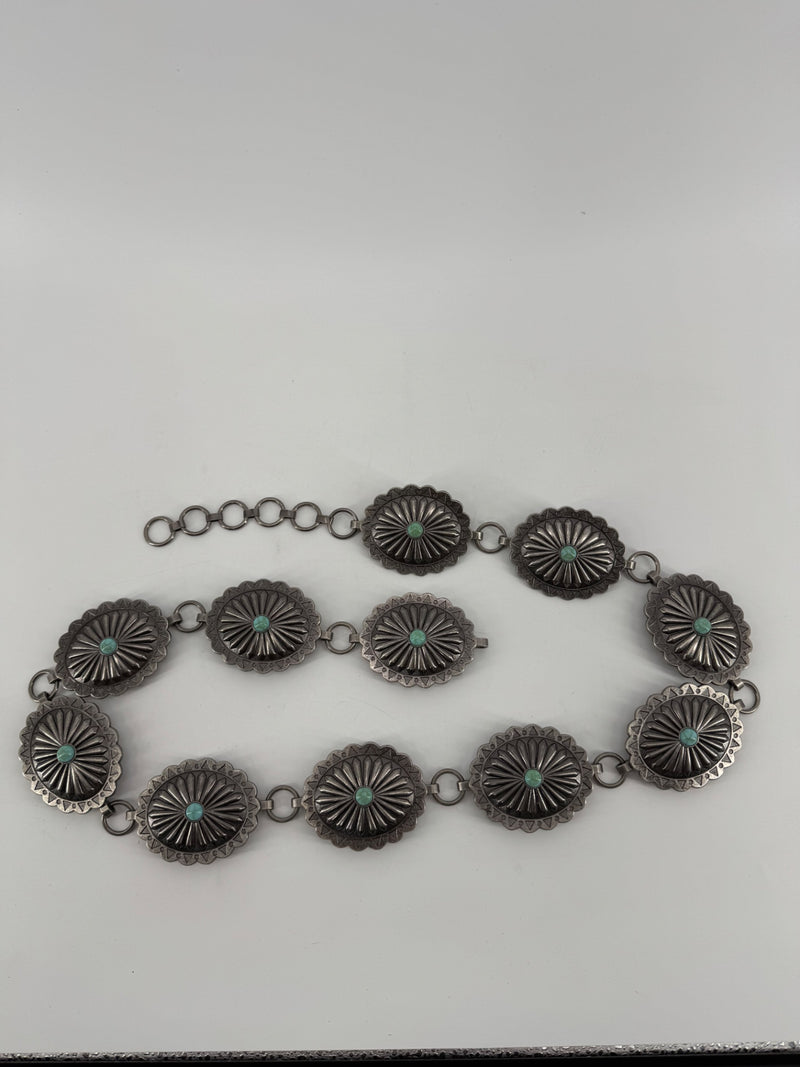 L&B Silver Scalloped Metal Belt with Turquoise Stones