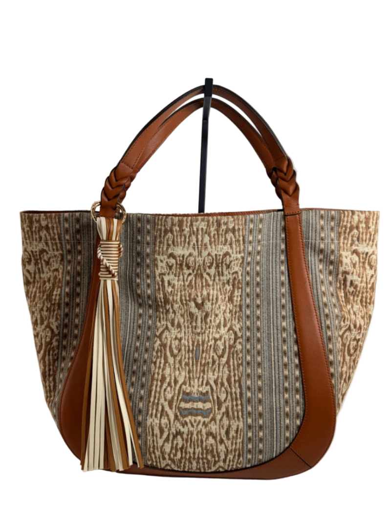 Ulla Johnson Albers Jacquard Leather Trim Tote Bag Brown Tan