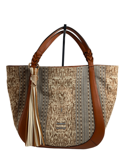 Ulla Johnson Albers Jacquard Leather Trim Tote Bag Brown Tan