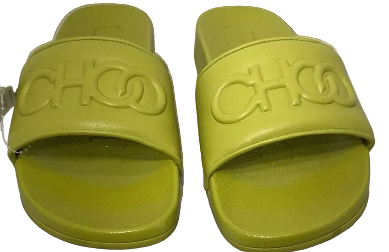Jimmy Choo Azari Pool Slides US 8.5 (39) Citron Sandals Flats Logo