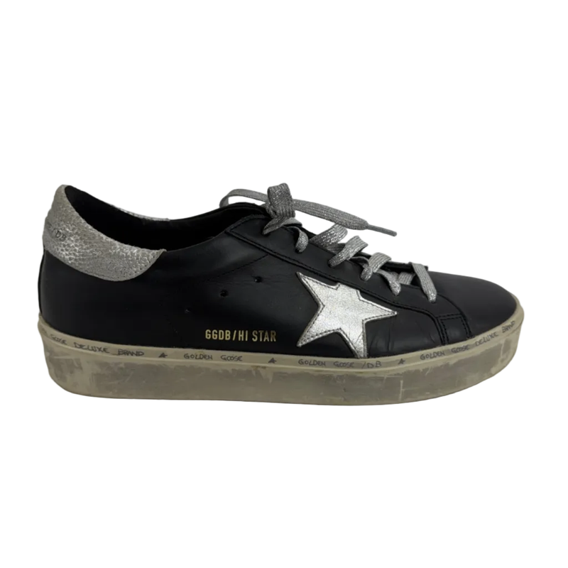 Golden Goose Hi Star Sneaker Black Silver Star Size 10