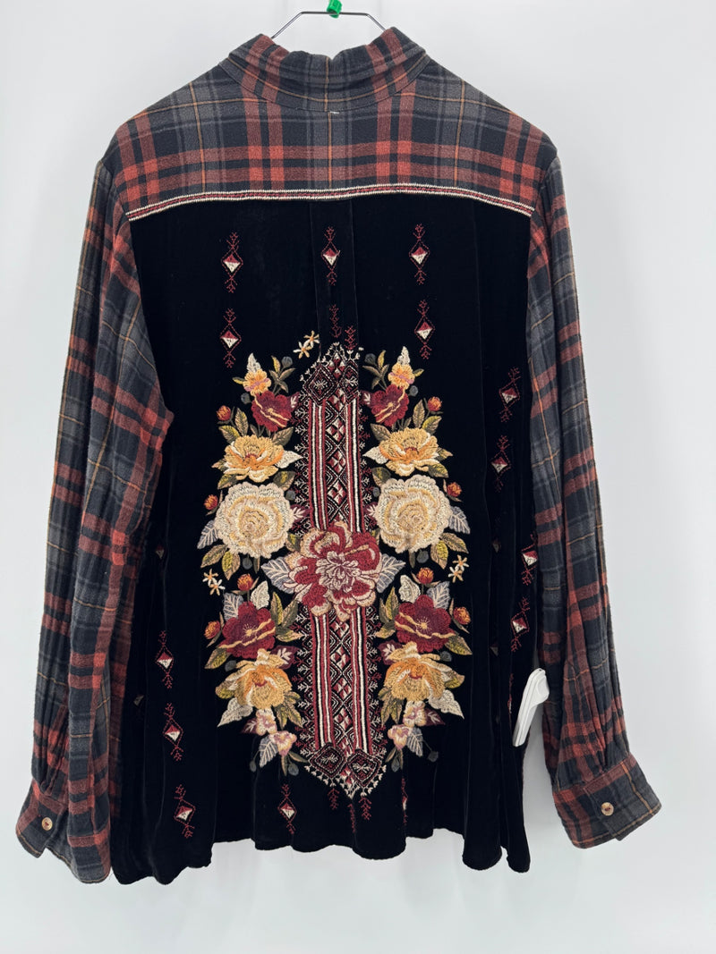 Johnny Was Velvet Red/Black Plaid Button Up Womens Large