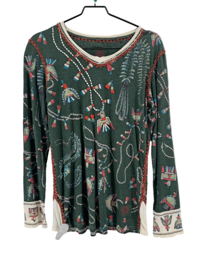 Double D Ranch Green Beaded Thunderbird LS Top Size L