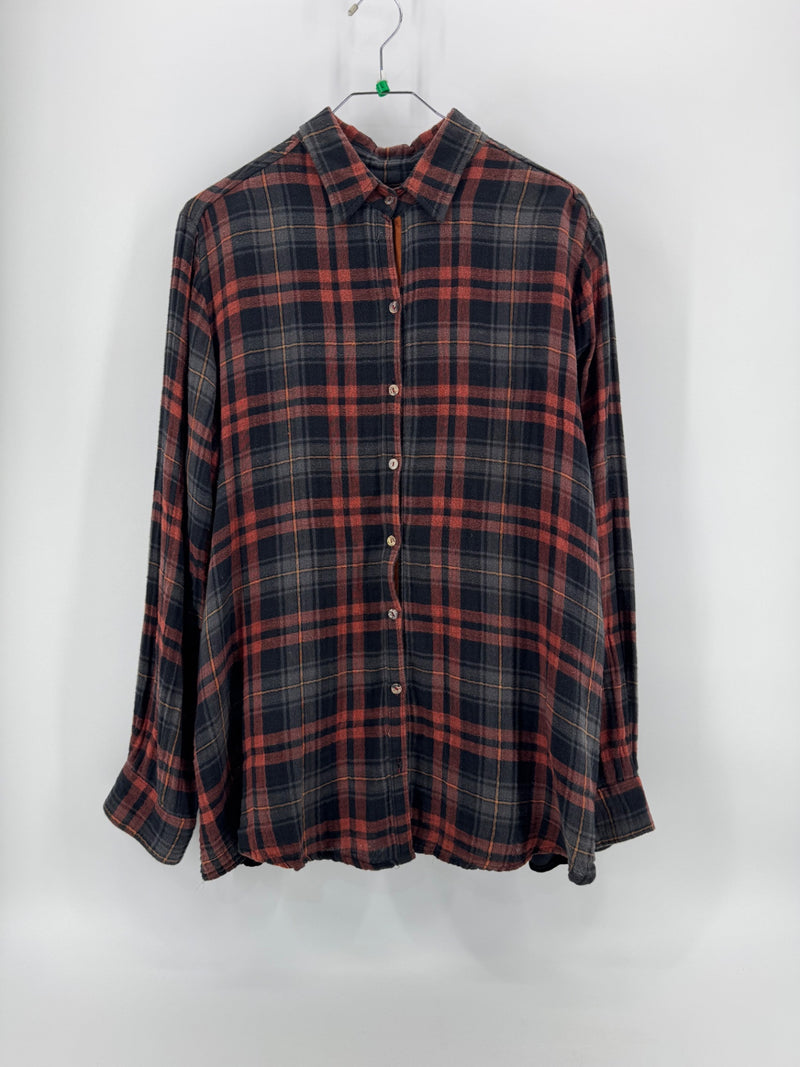 Johnny Was Velvet Red/Black Plaid Button Up Womens Large