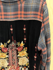 Johnny Was Velvet Red/Black Plaid Button Up Womens Large