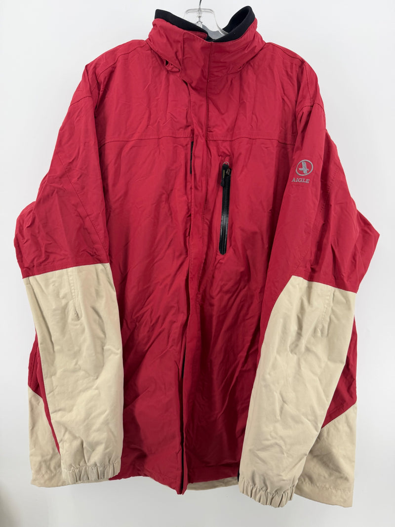 Aigle Men’s XXL Red Beige Outdoor Rain Jacket Hooded Colorblock Full Zip