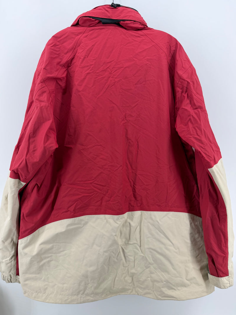Aigle Men’s XXL Red Beige Outdoor Rain Jacket Hooded Colorblock Full Zip