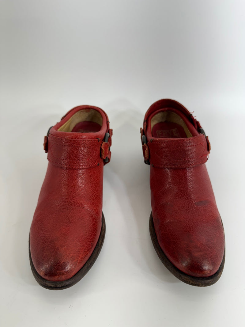 Frye Red Leather Clog Mules Size 7.5
