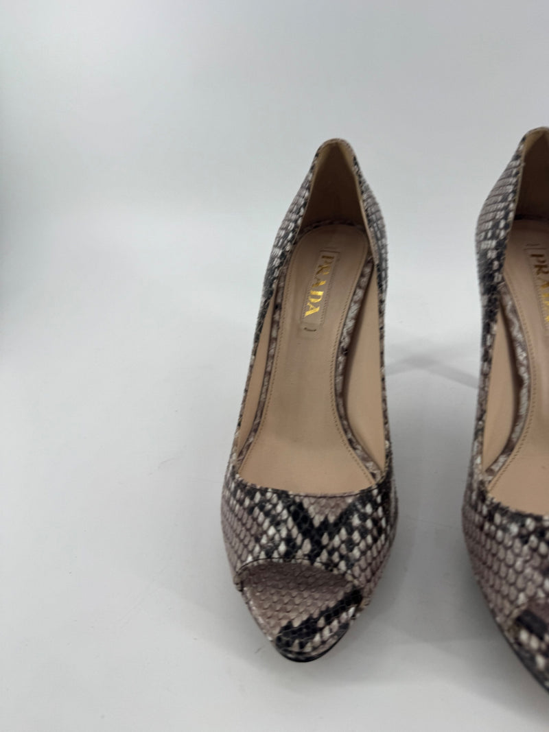 Prada Python Snakeskin Peep Toe Heels Size 38.5