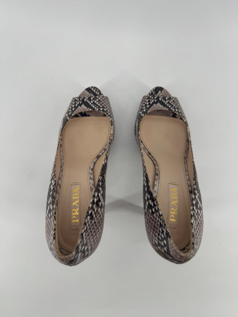 Prada Python Snakeskin Peep Toe Heels Size 38.5