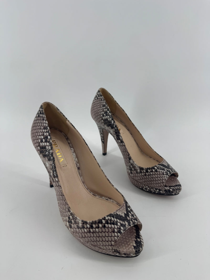 Prada Python Snakeskin Peep Toe Heels Size 38.5
