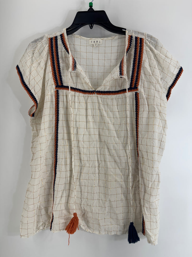 THML Cream Blouse with Grid Trim Size LG